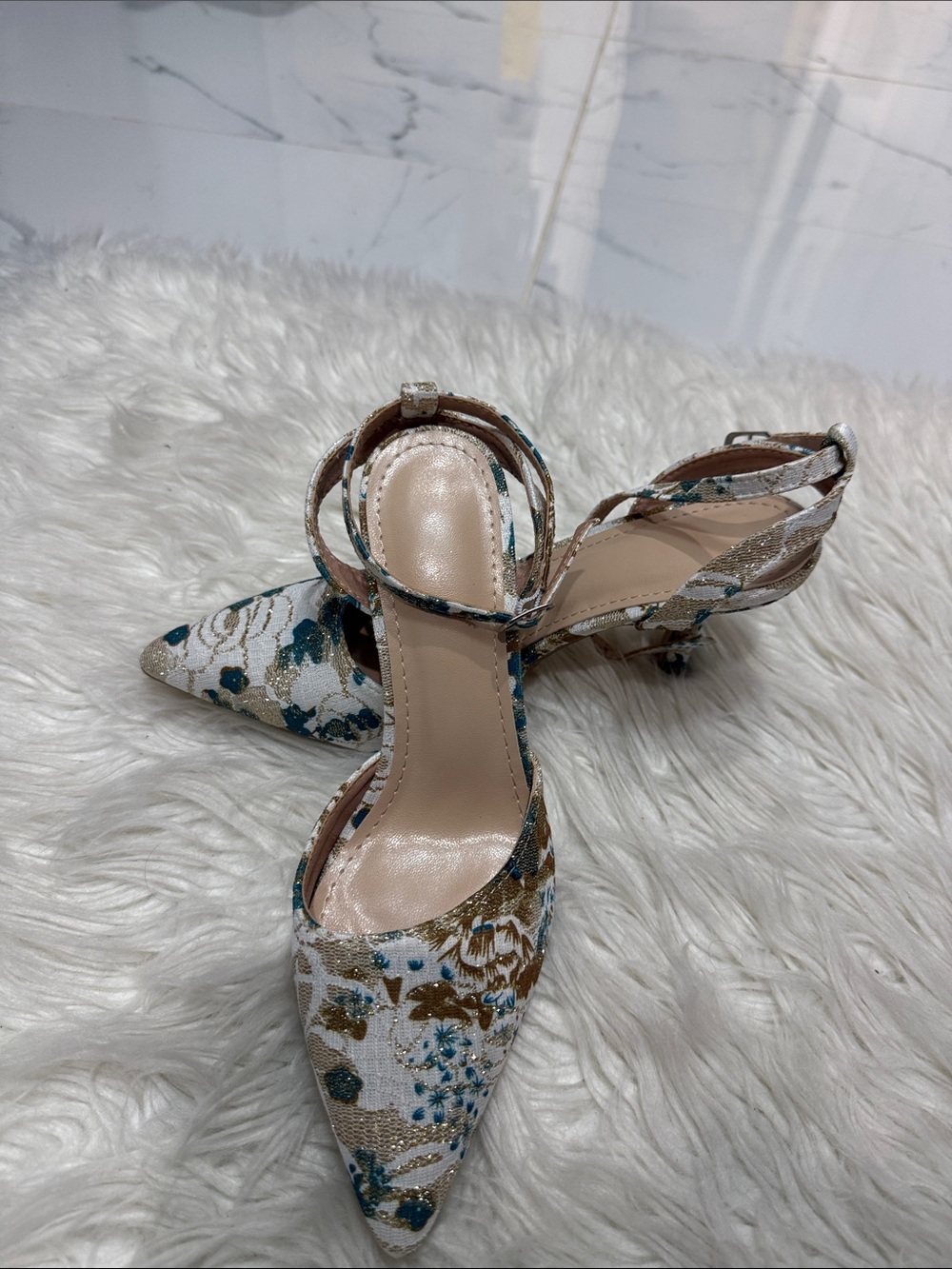 Elegant Teal and Gold Floral Pointed-Toe Heels - Women
